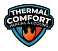 Thermal Comfort Heating and Cooling logo with blue shield and flame icon